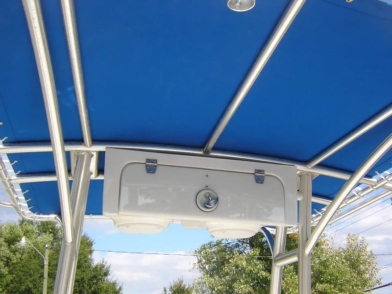 Slide: The Image of Glasstream 240 boat canopy with blue cover, year 2017. - 14
