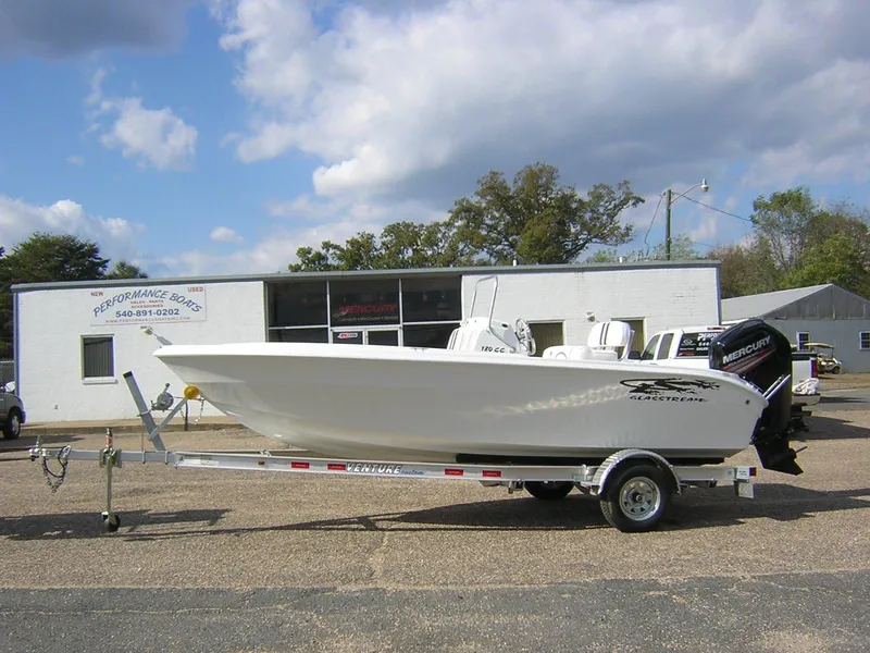 Slide: The Image of 2017 Glasstream 180 CC boat on trailer in front of workshop. - 4