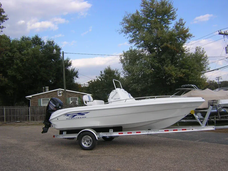 Slide: The Image of 2017 Glasstream 192 CC boat on trailer, parked outdoors. - 2