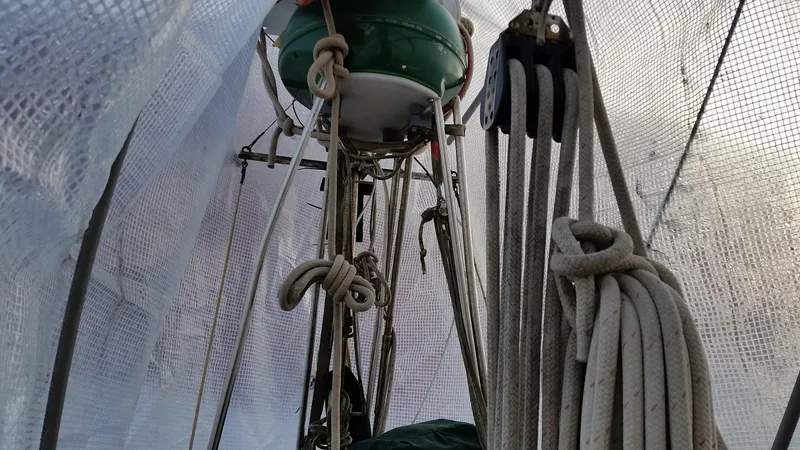 Slide: The Image of Ropes and rigging on a 1960 Frans Maas-LeFevre One Off Custom 47 sailboat. - 33