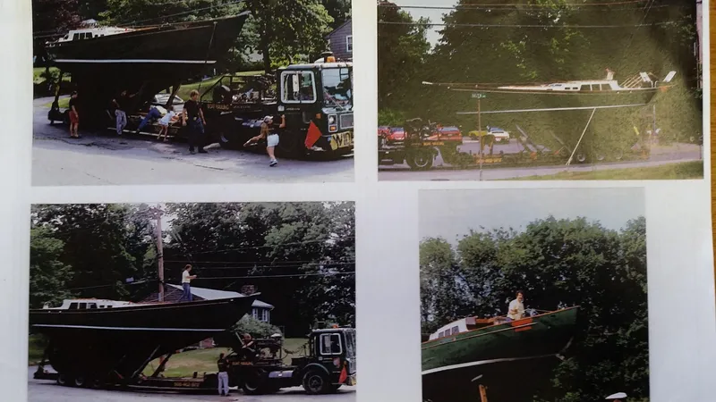 Slide: The Image of Four images of a 1960 Frans Maas-LeFevre One Off Custom 47 sailboat being transported. - 35