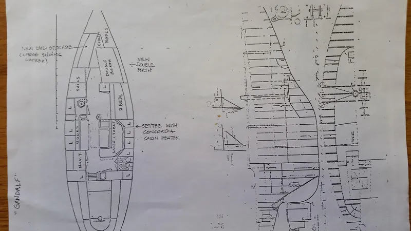 Slide: The Image of Blueprint of 1960 Frans Maas-LeFevre One Off Custom 47 steel sailboat design. - 36