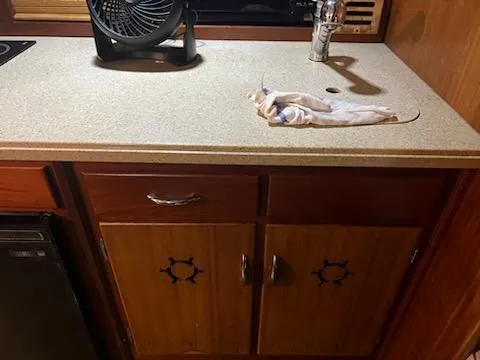 Slide: The Image of 1960 Chris-Craft Roamer kitchen with sink, fan, and wooden cabinets. - 42