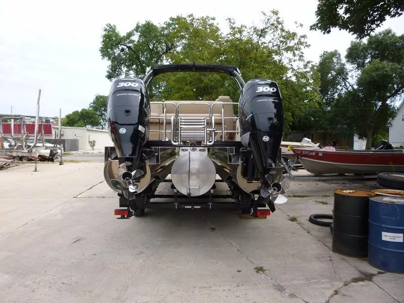 Slide: The Image of 2016 Harris Grand Mariner SEL 250 pontoon boat with twin 300 HP engines. - 2