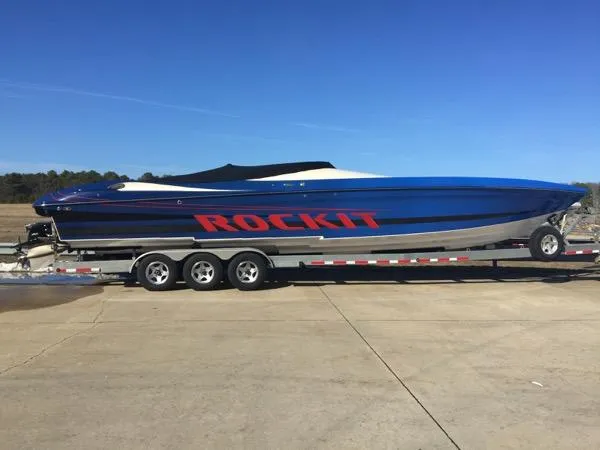 The Image of 2025 Hustler 39 Rockit speedboat on a trailer. - 1