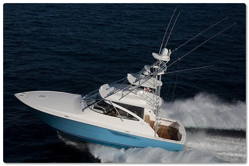 Slide: The Image of 2025 Viking 44 Open Express yacht cruising on the ocean. - 0