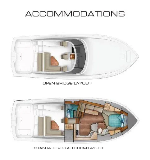 Slide: The Image of 2025 Viking 44 Open Express yacht accommodations: open bridge and standard 2 stateroom layout. - 15