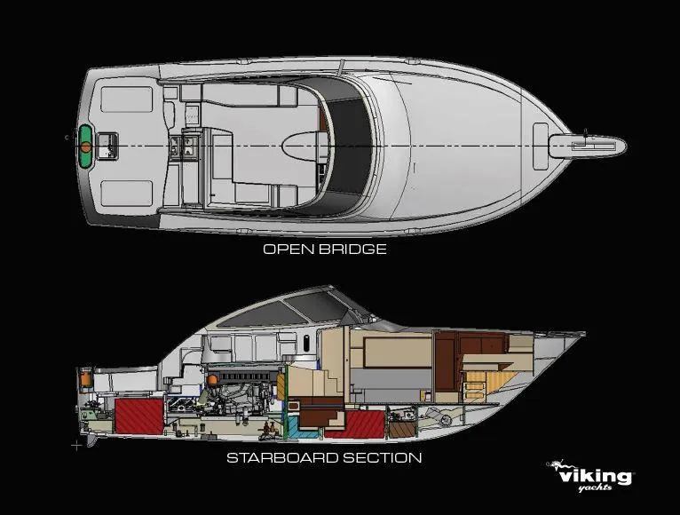 Slide: The Image of 2025 Viking 44 Open Express yacht layout, open bridge and starboard section views. - 16