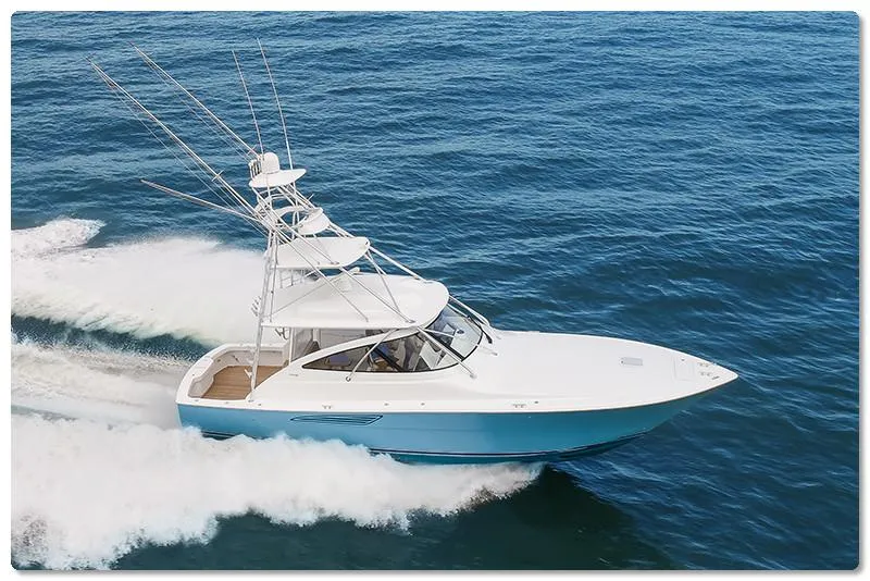 Slide: The Image of 2025 Viking 44 Open Express yacht cruising on the ocean. - 17