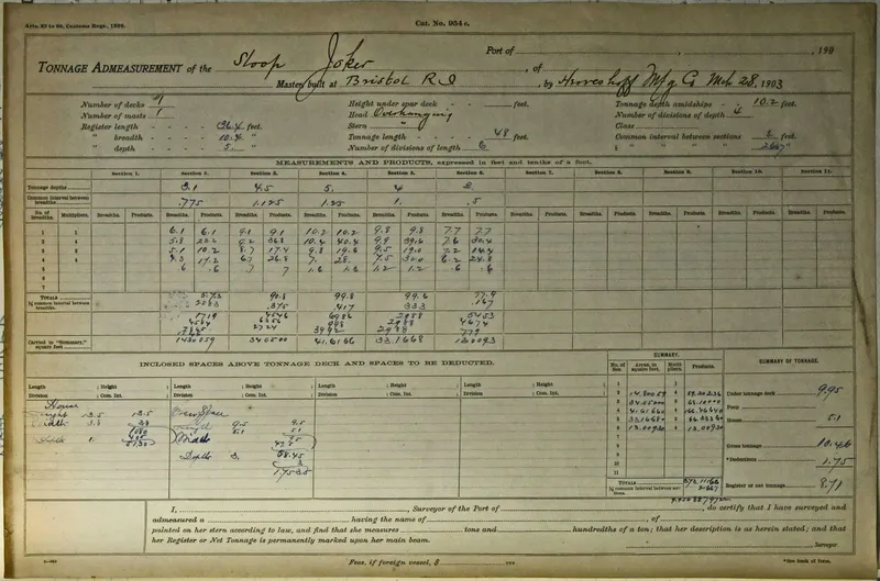 Slide: The Image of Tonnage measurement document for Herreshoff Bar Harbor 31, dated 1903, with detailed calculations. - 9