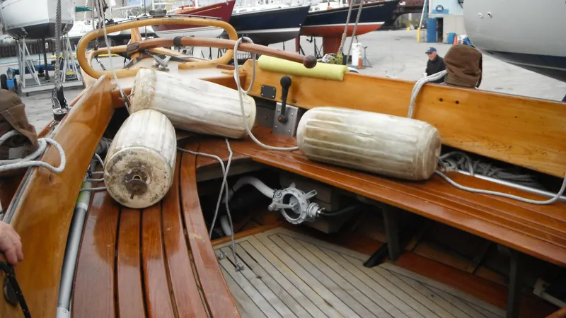 Slide: The Image of Wooden boat interior with fenders, Chip Stulen Faering Design 20, 1987 model. - 19
