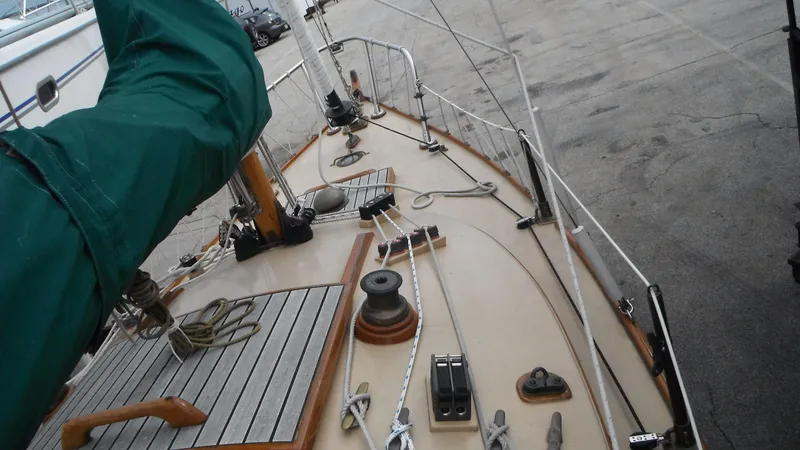 Slide: The Image of Sailboat deck of 1987 Chip Stulen Faering Design 20, featuring rigging and winches. - 21