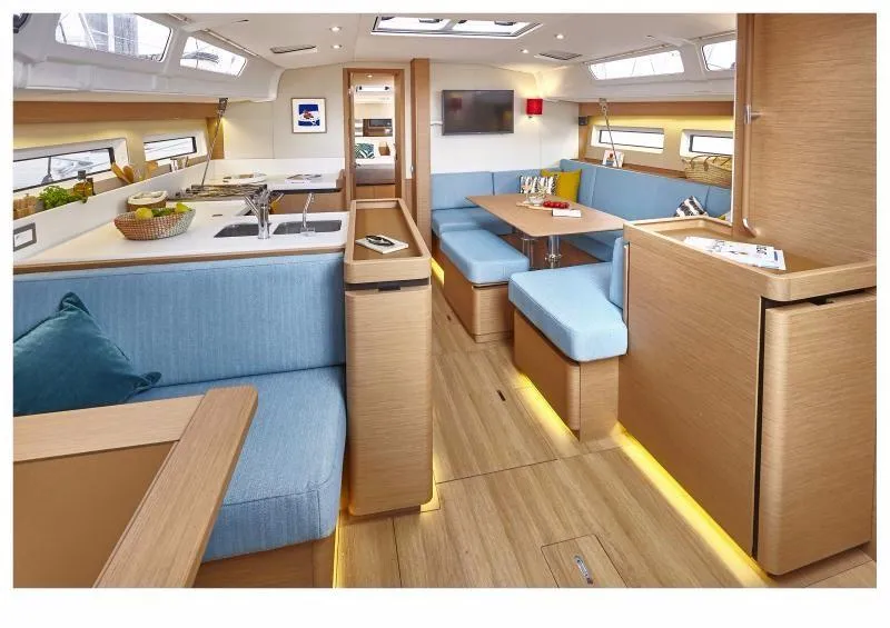 Slide: The Image of Luxurious interior of 2024 Jeanneau Sun Odyssey 490 yacht with modern furnishings. - 4