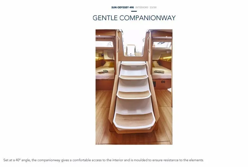 Slide: The Image of 2024 Jeanneau Sun Odyssey 490 interior with gentle companionway stairs, offering comfortable access. - 5