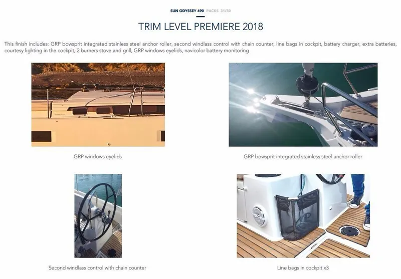 Slide: The Image of 2024 Jeanneau Sun Odyssey 490 features and trim level details with images of deck and cockpit. - 7