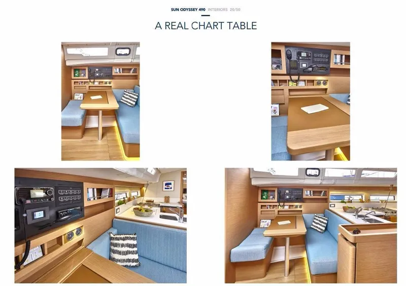 Slide: The Image of 2024 Jeanneau Sun Odyssey 490 interior with chart table and seating area. - 8