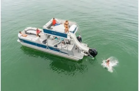 Slide: The Image of 2021 Avalon Catalina Platinum Funship with slide on the water. - 3