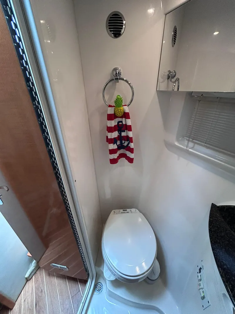 Slide: The Image of 2007 Chaparral 350 Signature bathroom with toilet and nautical-themed towel. - 29