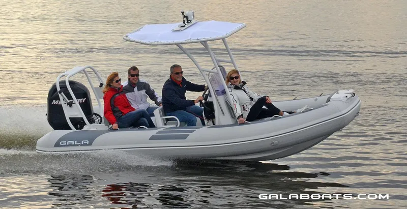 Slide: The Image of 2024 Gala VIKING V500 boat cruising on water with four passengers. - 8