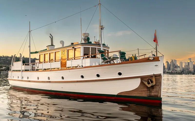 Slide: The Image of Vintage 1931 Boeing Custom yacht on calm water at sunset. - 10