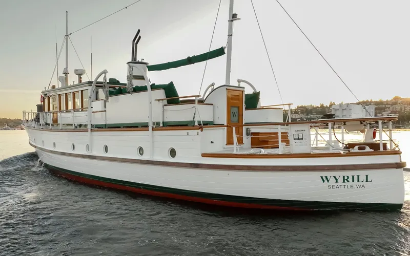 Slide: The Image of Historic 1931 Boeing Custom yacht "Wyrill" on water, Seattle, elegant classic design. - 16