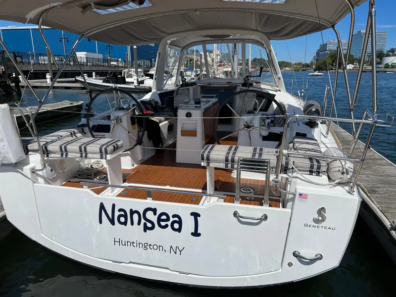 Slide: The Image of 2017 Beneteau Oceanis 38.1 docked, featuring dual steering wheels and spacious cockpit in Huntington, NY. - 49