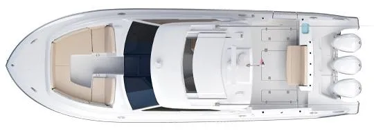 Slide: The Image of 2025 Pursuit DC 365 Dual Console boat, top view, spacious seating, triple outboard engines. - 25
