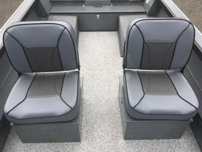 Slide: The Image of 2018 Alumaweld Free Drifter boat interior with two grey seats. - 11