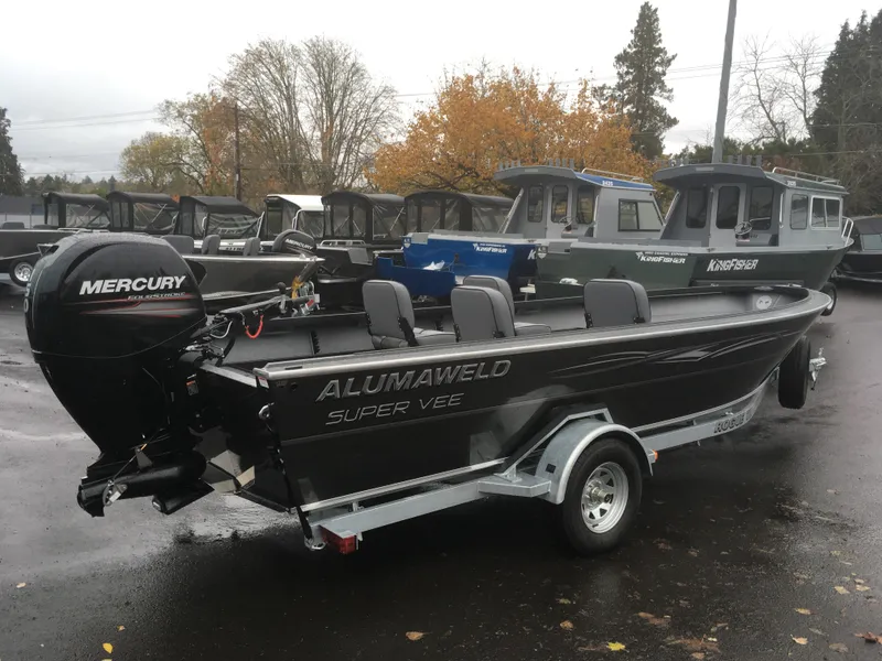Slide: The Image of 2018 Alumaweld Super Vee boat with Mercury outboard motor on trailer. - 6