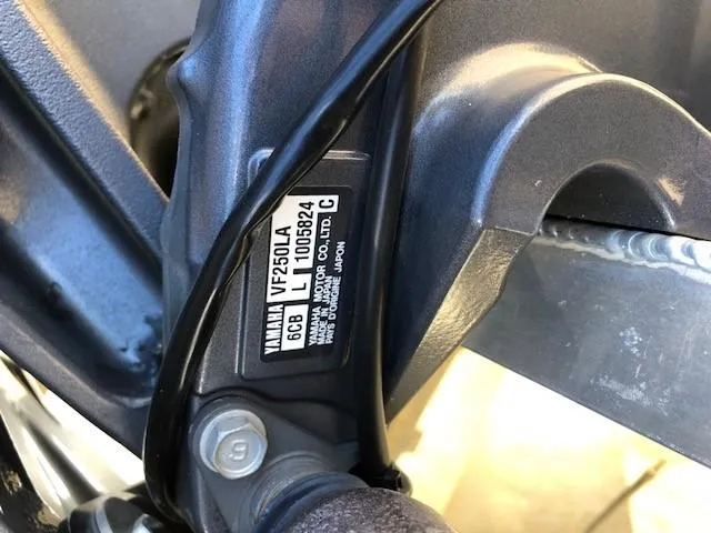 Slide: The Image of Close-up of Yamaha VF250LA engine label on 2013 South Bay 726 CR boat. - 20