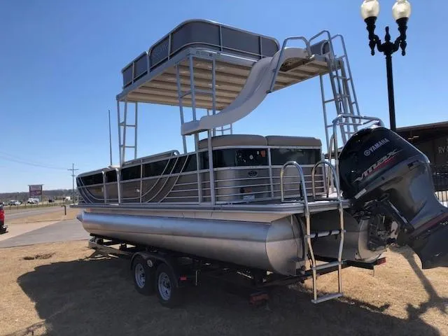 Slide: The Image of 2013 South Bay 726 CR pontoon boat with Yamaha outboard motor on trailer. - 5