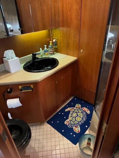 Slide: The Image of Bathroom interior of 2000 Cruisers Yachts 4450 Express Motor Yacht with turtle-themed decor. - 36