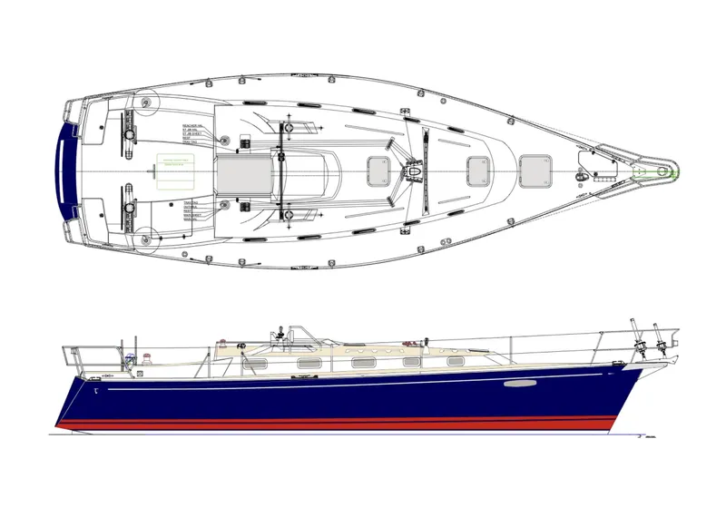 Slide: The Image of 2025 Tartan 365 sailboat blueprint, top and side views. - 14