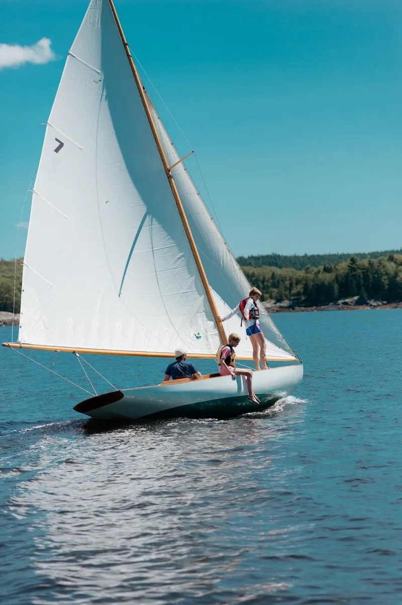 Slide: The Image of Sailing on a 1994 Herreshoff Watch Hill 15 under clear blue skies. - 1