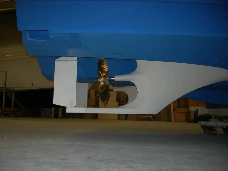 Slide: The Image of Henriques 42 Cruiser 2025 boat propeller and rudder in a workshop. - 4