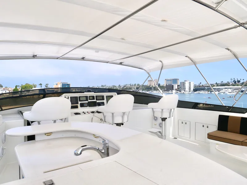 Slide: The Image of Luxurious 2000 Westport 112 yacht interior with panoramic marina view. - 46