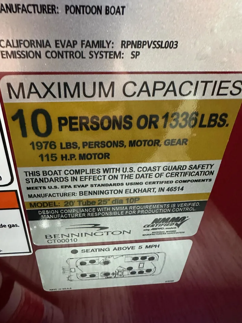 Slide: The Image of 2025 Bennington 21 SSR Quad Bench capacity label, 10 persons or 1336 lbs, 115 HP motor. - 12