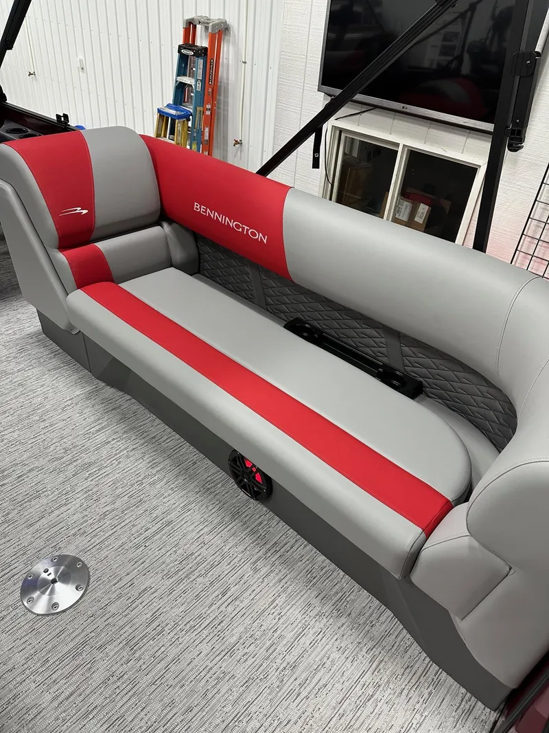 Slide: The Image of 2025 Bennington 21 SSR Quad Bench with red and gray upholstery in stock. - 26