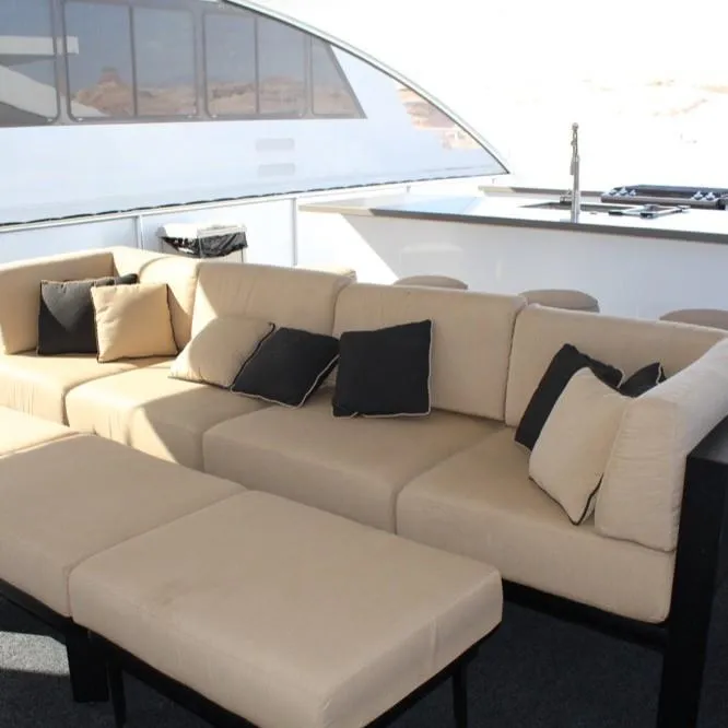 Slide: The Image of Luxurious beige sofa on Adonia Atlantis Trip 8 yacht, 2016 model, with black cushions. - 7