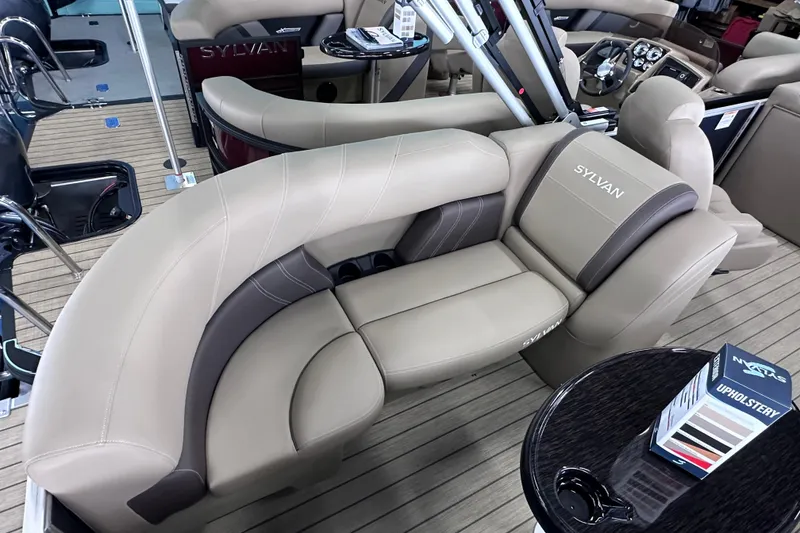 Slide: The Image of Luxurious seating on 2026 Sylvan Mirage 8522 LZ pontoon boat, featuring elegant upholstery and modern design. - 10