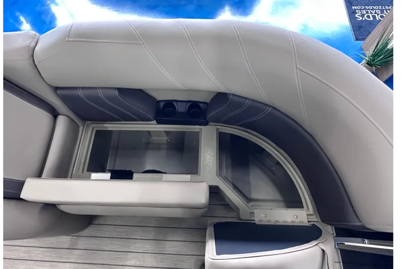 Slide: The Image of Interior seating of 2026 Sylvan Mirage 8522 LZ pontoon boat with storage compartment. - 14