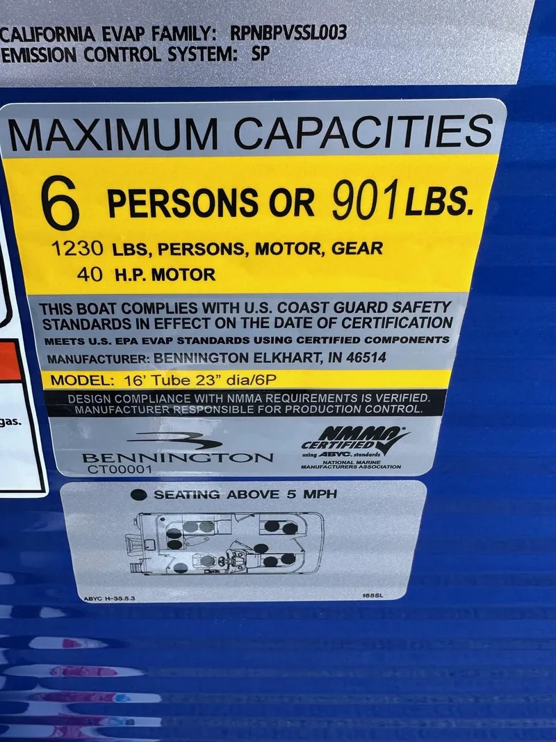 Slide: The Image of 2025 Bennington 168 SL capacity label: 6 persons, 901 lbs, 40 HP motor. - 8