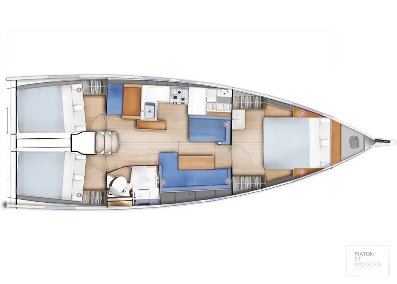 Slide: The Image of 2024 Jeanneau Sun Odyssey 410 interior layout with cabins, kitchen, and seating areas. - 5