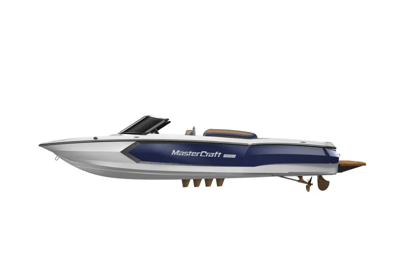 Slide: The Image of 2023 MasterCraft ProStar boat, side view, white and blue design. - 14