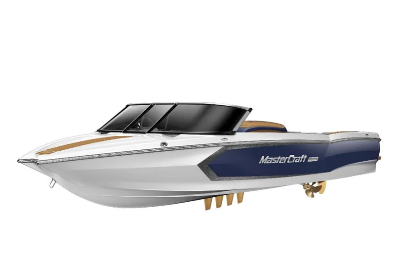 Slide: The Image of 2023 MasterCraft ProStar boat with sleek design and blue accents. - 16