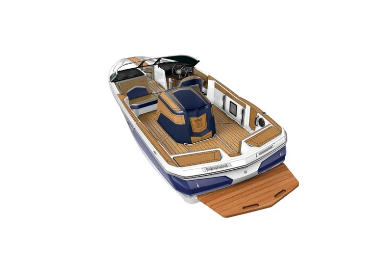 Slide: The Image of 2023 MasterCraft ProStar boat with teak deck and blue accents. - 18