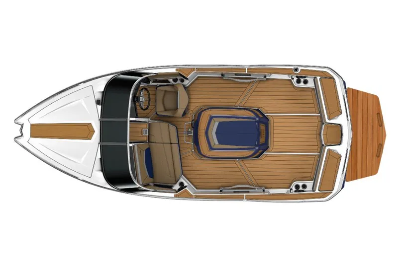 Slide: The Image of 2023 MasterCraft ProStar boat interior, top view, showcasing seating and deck layout. - 20