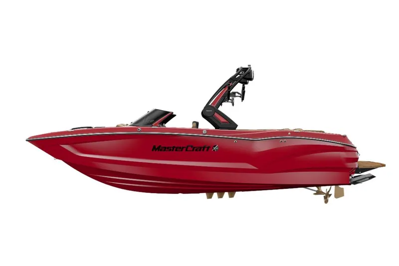 Slide: The Image of 2023 MasterCraft X24 red wakeboard boat side view. - 17