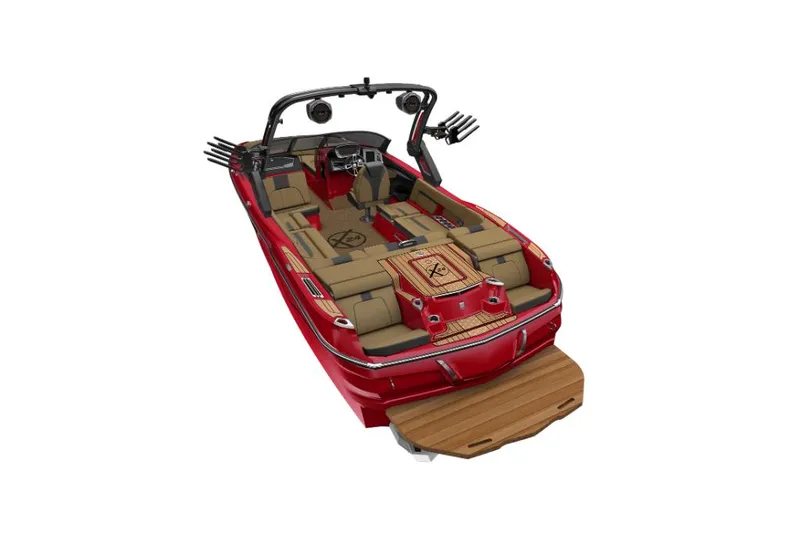 Slide: The Image of 2023 MasterCraft X24 boat, red exterior, luxurious interior, advanced wakeboard tower. - 19