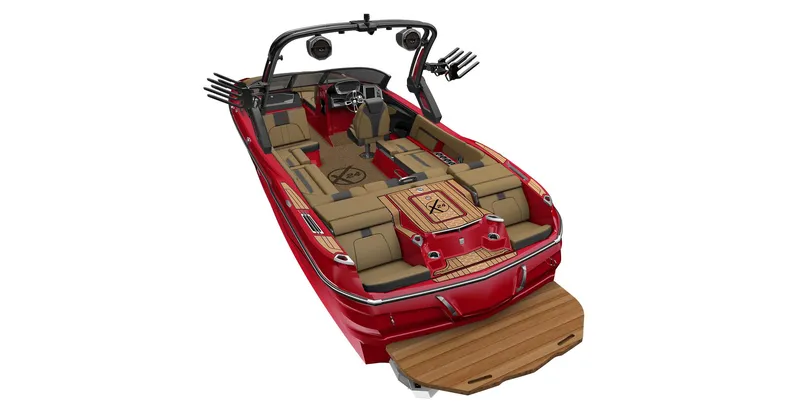 Slide: The Image of 2023 MasterCraft X24 boat, red exterior, luxurious interior, advanced wakeboard tower, spacious seating. - 20